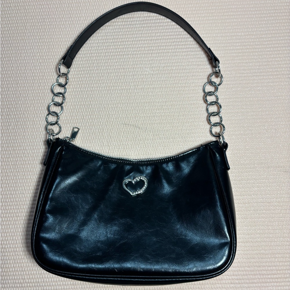 Black Leather Shoulder Bag with Chain Detail